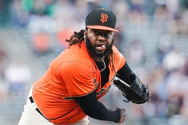 Johnny Cueto of the San Francisco Giants pitches against the Philadelphia Phillies during the second inning at Oracle Park on June 18, 2021 in San...