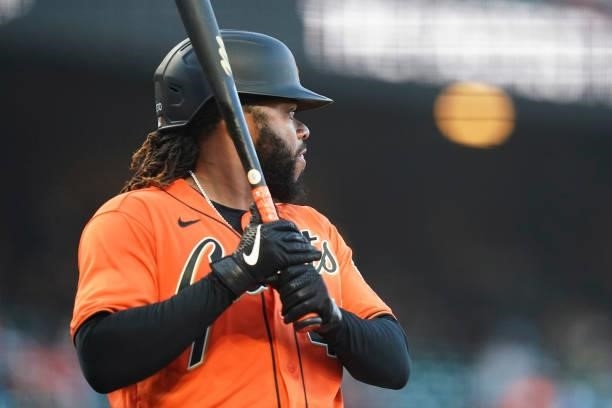Johnny Cueto of the San Francisco Giants at bat against against the Philadelphia Phillies at Oracle Park on June 18, 2021 in San Francisco,...
