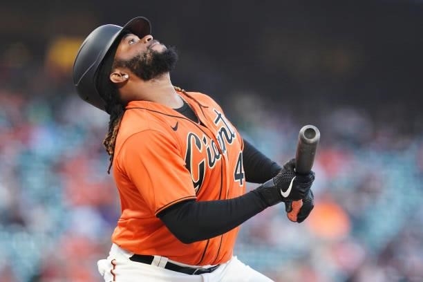 Johnny Cueto of the San Francisco Giants at bat against against the Philadelphia Phillies at Oracle Park on June 18, 2021 in San Francisco,...