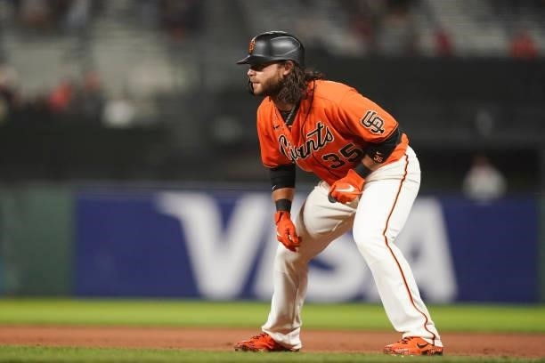 Brandon Crawford of the San Francisco Giants looks on against the Philadelphia Phillies at Oracle Park on June 18, 2021 in San Francisco, California.