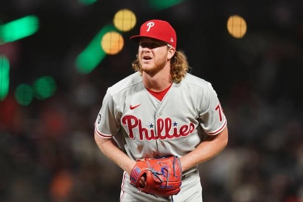 Bailey Falter of the Philadelphia Phillies looks on against the San Francisco Giants at Oracle Park on June 18, 2021 in San Francisco, California.