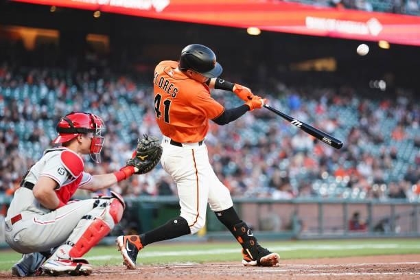 Wilmer Flores of the San Francisco Giants at bat against the Philadelphia Phillies at Oracle Park on June 18, 2021 in San Francisco, California.