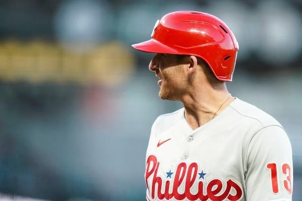 Brad Miller of the Philadelphia Phillies looks on against the San Francisco Giants at Oracle Park on June 18, 2021 in San Francisco, California.