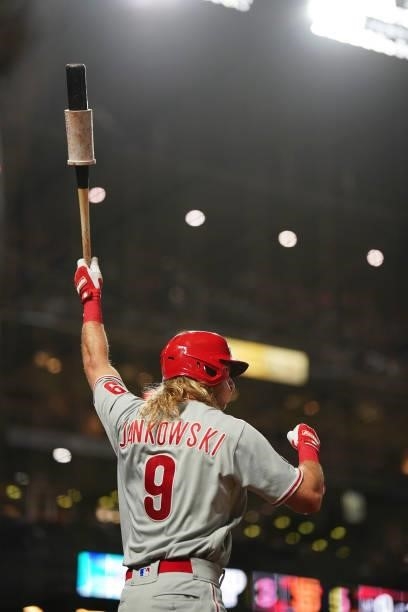Travis Jankowski of the Philadelphia Phillies warms up against the San Francisco Giants at Oracle Park on June 18, 2021 in San Francisco, California.