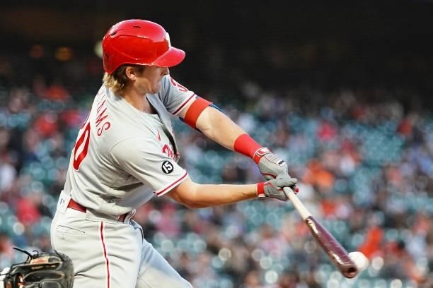 Luke Williams of the Philadelphia Phillies at bat against the San Francisco Giants at Oracle Park on June 18, 2021 in San Francisco, California.