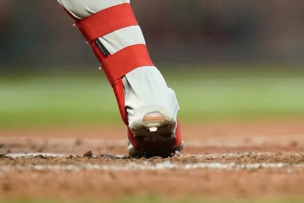 Close up view of the pants and cleats of Odubel Herrera of the Philadelphia Phillies at bat against the San Francisco Giants at Oracle Park on June...