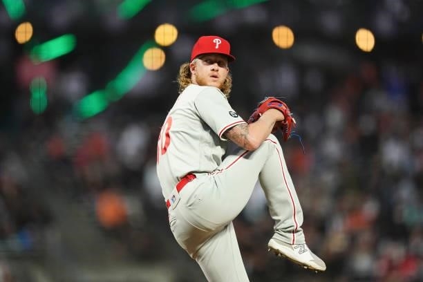 Bailey Falter of the Philadelphia Phillies pitches against the San Francisco Giants at Oracle Park on June 18, 2021 in San Francisco, California.