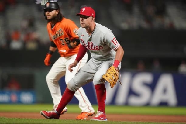 Rhys Hoskins of the Philadelphia Phillies gets set against the San Francisco Giants at Oracle Park on June 18, 2021 in San Francisco, California.