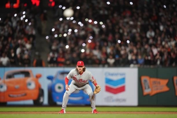 Alec Bohm of the Philadelphia Phillies looks on against the San Francisco Giants at Oracle Park on June 18, 2021 in San Francisco, California.