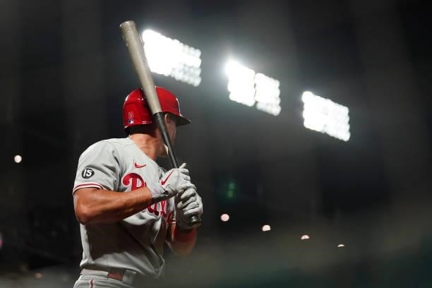 Realmuto of the Philadelphia Phillies warms up before an at bat against the San Francisco Giants at Oracle Park on June 18, 2021 in San Francisco,...