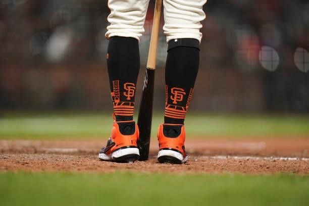 Close up view of San Francisco Giants socks during the game against the Philadelphia Phillies at Oracle Park on June 18, 2021 in San Francisco,...