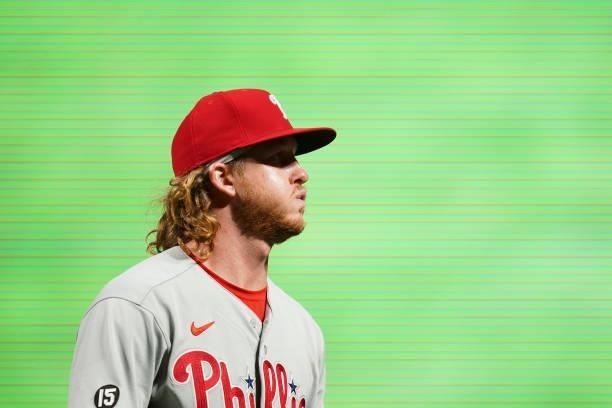 Bailey Falter of the Philadelphia Phillies walks off of the field against the San Francisco Giants at Oracle Park on June 18, 2021 in San Francisco,...