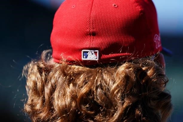 Close up view of a Philadelphia Phillies hat prior to the game against the San Francisco Giants at Oracle Park on June 18, 2021 in San Francisco,...