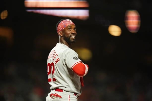 Andrew McCutchen of the Philadelphia Phillies looks on against the San Francisco Giants at Oracle Park on June 18, 2021 in San Francisco, California.