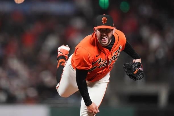 Dominic Leone of the San Francisco Giants pitches against the Philadelphia Phillies at Oracle Park on June 18, 2021 in San Francisco, California.