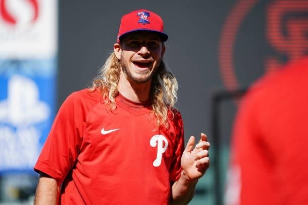 Travis Jankowski of the Philadelphia Phillies warms up prior to the game against the San Francisco Giants at Oracle Park on June 18, 2021 in San...