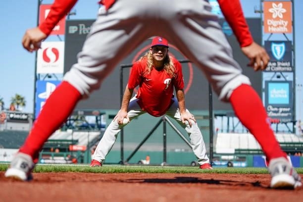 Travis Jankowski of the Philadelphia Phillies warms up prior to the game against the San Francisco Giants at Oracle Park on June 18, 2021 in San...