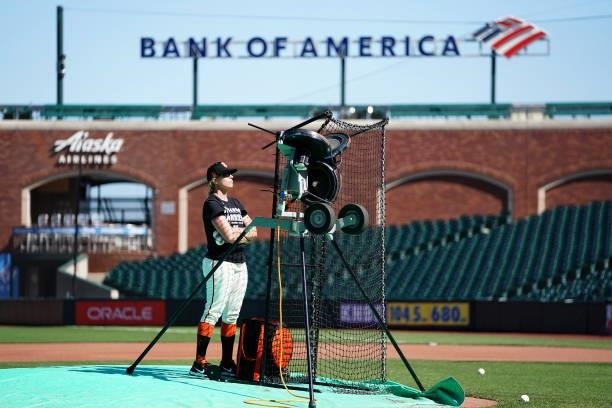 Alyssa Nakken of the San Francisco Giants looks on during batting practice prior to the game against the Philadelphia Phillies at Oracle Park on June...