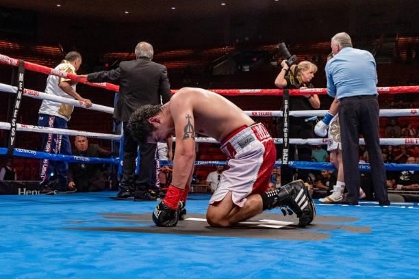 Raul Curiel drops to the ground after defeating Ferdinand Kerobyan at Don Haskins Center on June 19, 2021 in El Paso, Texas.