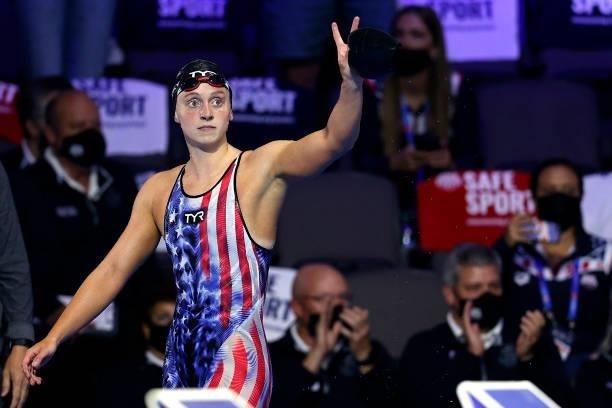 Katie Ledecky of the United States reacts after competing in the Women’s 800m freestyle final during Day Seven of the 2021 U.S. Olympic Team Swimming...