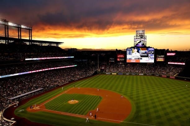 The Colorado Rockies play the Milwaukee Brewers in the fourth inning at Coors Field on June 19, 2021 in Denver, Colorado.