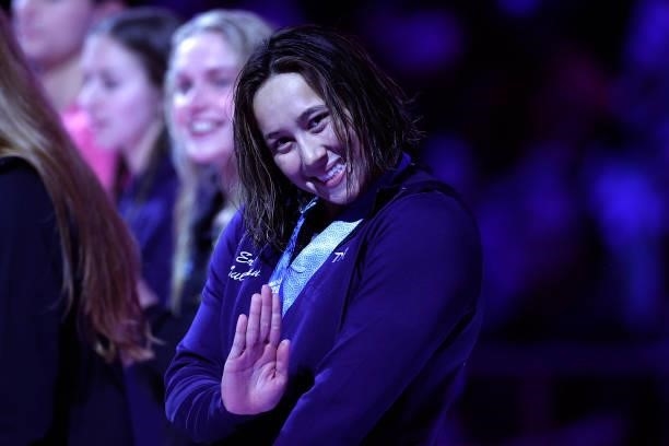 Erica Sullivan of the United States react during her medal ceremony during Day Seven of the 2021 U.S. Olympic Team Swimming Trials at CHI Health...