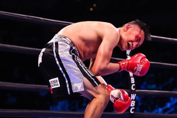 Francisco Vargas reacts to being head butted by Isaac Cruz during their lightweight bout at Toyota Center on June 19, 2021 in Houston, Texas.