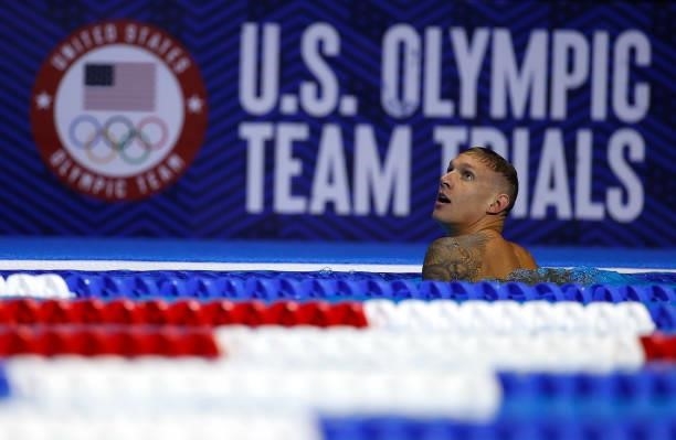 Caeleb Dressel of the United States reacts after competing in a semifinal heat for the Men's 50m freestyle during Day Seven of the 2021 U.S. Olympic...