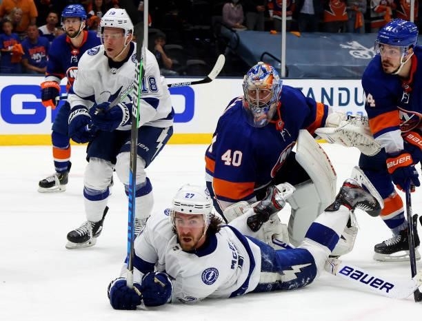 Ryan McDonagh of the Tampa Bay Lightning reacts after his shot against Semyon Varlamov of the New York Islanders was blocked by Ryan Pulock during...