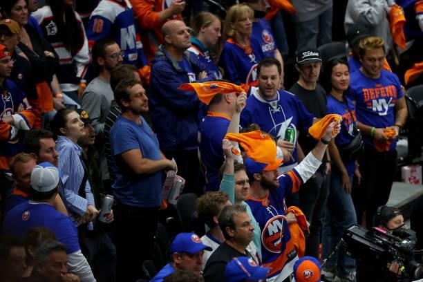 New York Islanders fans react during the third period of the game against the Tampa Bay Lightning in Game Four of the Stanley Cup Semifinals during...