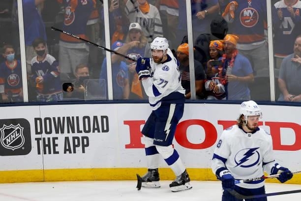 Victor Hedman of the Tampa Bay Lightning reacts after a penalty during a play against the New York Islanders during the third period in Game Four of...