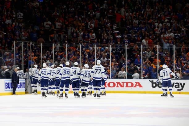 The Tampa Bay Lightning leave the rink after their 3-2 loss to the New York Islanders after Game Four of the Stanley Cup Semifinals during the 2021...