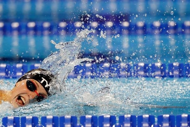 Katie Ledecky of the United States competes in the Women’s 800m freestyle final during Day Seven of the 2021 U.S. Olympic Team Swimming Trials at CHI...