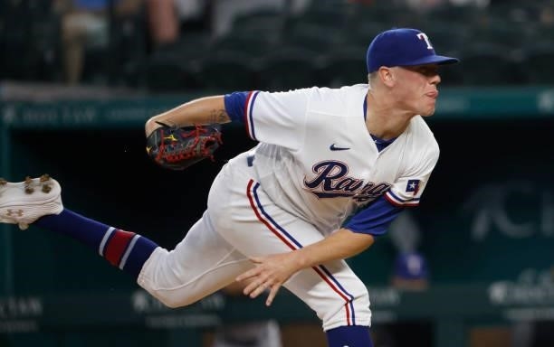 Kolby Allard of the Texas Rangers delivers against the Minnesota Twins during the first inning at Globe Life Field on June 19, 2021 in Arlington,...
