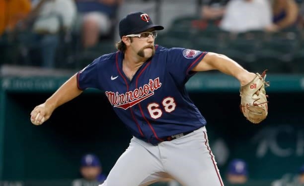 Randy Dobnak of the Minnesota Twins pitches against the Texas Rangers during the first inning at Globe Life Field on June 19, 2021 in Arlington,...