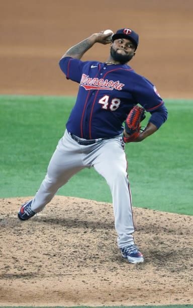 Alex Colome of the Minnesota Twins pitches against the Texas Rangers during the seventh inning at Globe Life Field on June 19, 2021 in Arlington,...