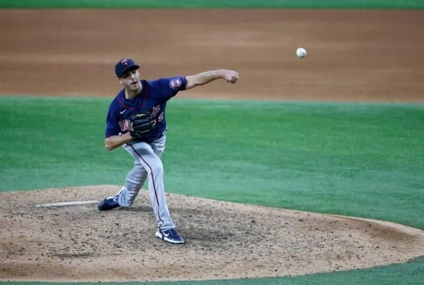 Taylor Rogers of the Minnesota Twins pitches against the Texas Rangers at Globe Life Field on June 19, 2021 in Arlington, Texas. The Twins won 3-2.