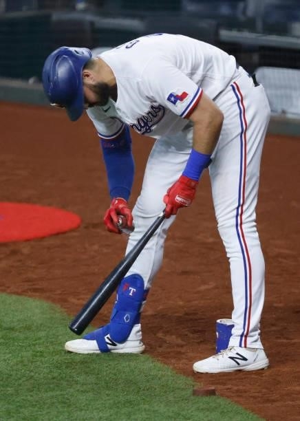 Joey Gallo of the Texas Rangers prepares for an an bat against the Minnesota Twins at Globe Life Field on June 19, 2021 in Arlington, Texas.