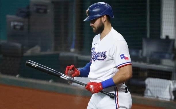 Joey Gallo of the Texas Rangers prepares for an an bat against the Minnesota Twins at Globe Life Field on June 19, 2021 in Arlington, Texas.