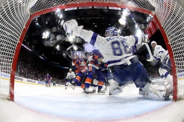 Andrei Vasilevskiy of the Tampa Bay Lightning blocks a shot against the New York Islanders in Game Four of the Stanley Cup Semifinals during the 2021...