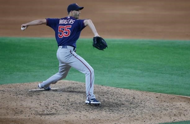 Taylor Rogers of the Minnesota Twins pitches against the Texas Rangers at Globe Life Field on June 19, 2021 in Arlington, Texas. The Twins won 3-2.