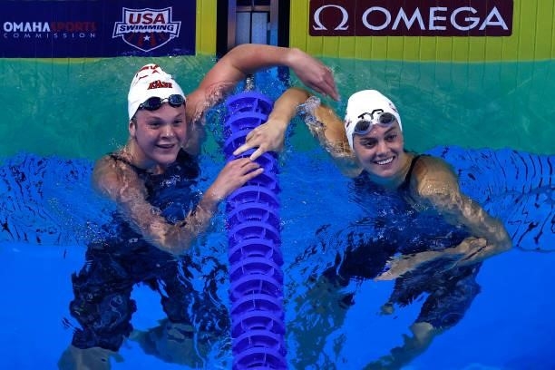 Jo Jo Ramey and Rhyan White of the United States react after competing in the Women's 200m backstroke final during Day Seven of the 2021 U.S. Olympic...