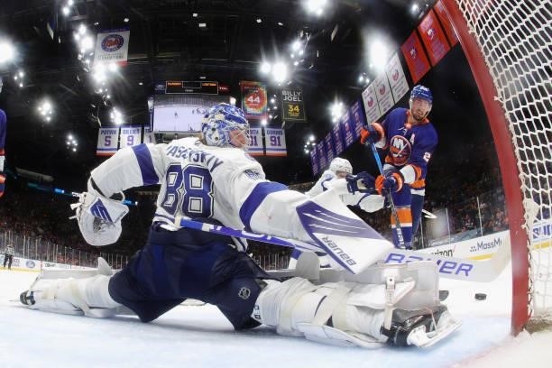 Andrei Vasilevskiy of the Tampa Bay Lightning blocks a shot by Brock Nelson of the New York Islanders in Game Four of the Stanley Cup Semifinals...