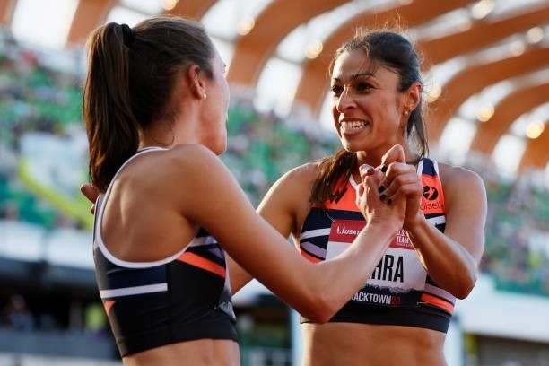 Dani Aragon and Rebecca Mehra react after competing in the Women's 1500 Meter semi-finals on day 2 of the 2020 U.S. Olympic Track & Field Team Trials...