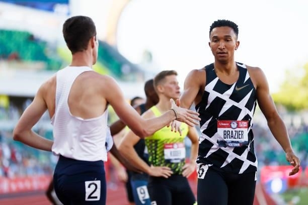 Drew Windle and Donavon Brazier react after the Men's 800 Meter semi-finals on day 2 of the 2020 U.S. Olympic Track & Field Team Trials at Hayward...