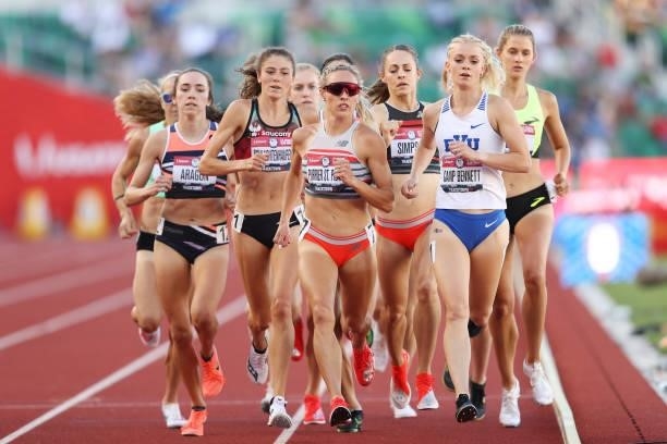 Elle Purrier St. Pierre competes in the Women's 1500 semi-finals on day 2 of the 2020 U.S. Olympic Track & Field Team Trials at Hayward Field on June...