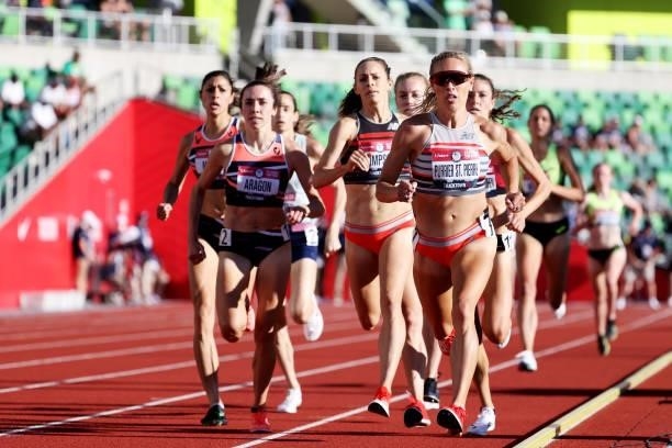 Elle Purrier St. Pierre and Jenny Simpson compete in the Women's 1500 semi-finals on day 2 of the 2020 U.S. Olympic Track & Field Team Trials at...