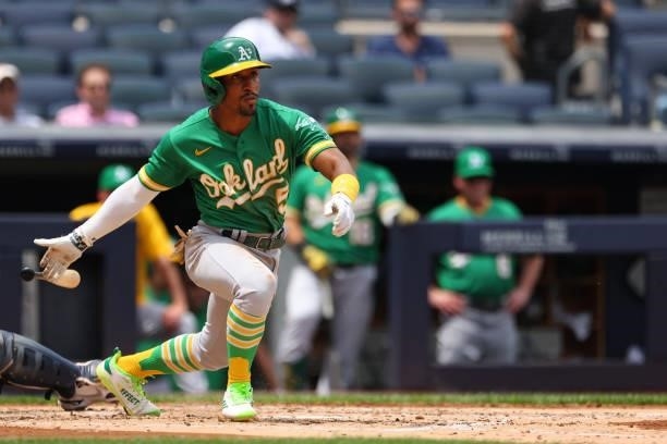 Tony Kemp of the Oakland Athletics in action against the New York Yankees during a game at Yankee Stadium on June 19, 2021 in New York City.