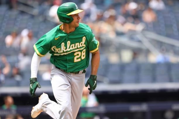 Matt Olson of the Oakland Athletics in action against the New York Yankees during a game at Yankee Stadium on June 19, 2021 in New York City.