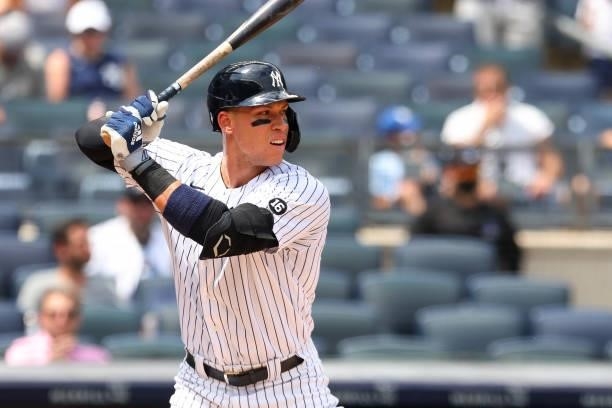 Aaron Judge of the New York Yankees in action against the Oakland Athletics during a game at Yankee Stadium on June 19, 2021 in New York City.